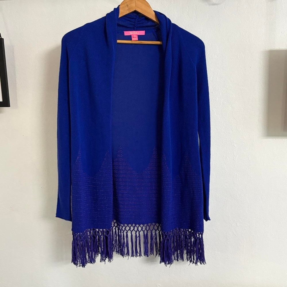 Lilly Pulitzer Women's Cardigan XXS Blue Fringe Open Knit Boho Coastal Resort